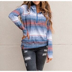 Ampersand Avenue Serape Sapphire Half Zip Hoodie Sweatshirt Blue Orange Women M